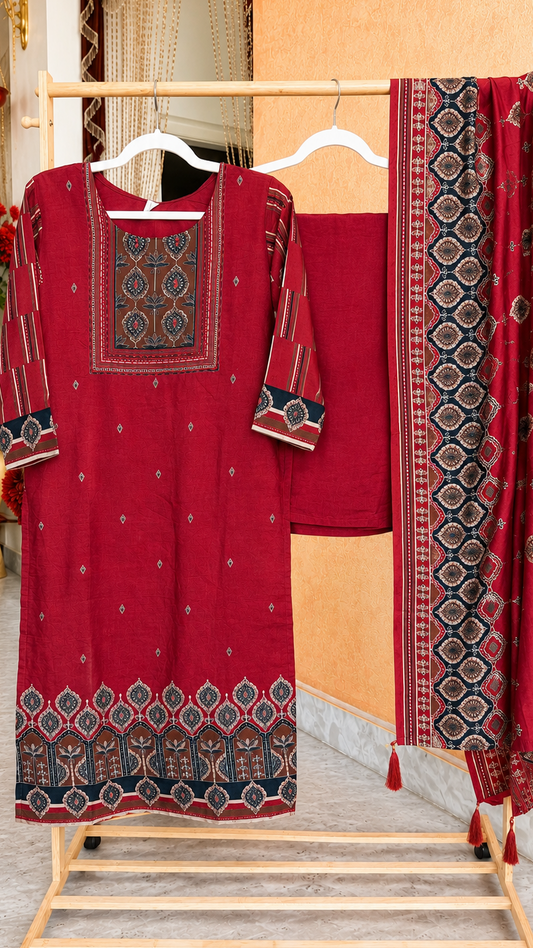 Maroon Muslin Digital Print Suit with Embroidery