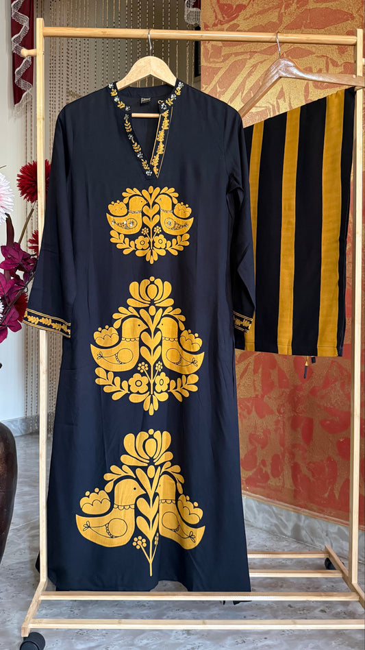 Printed and Handwork Long Kurta Set – Black and Yellow