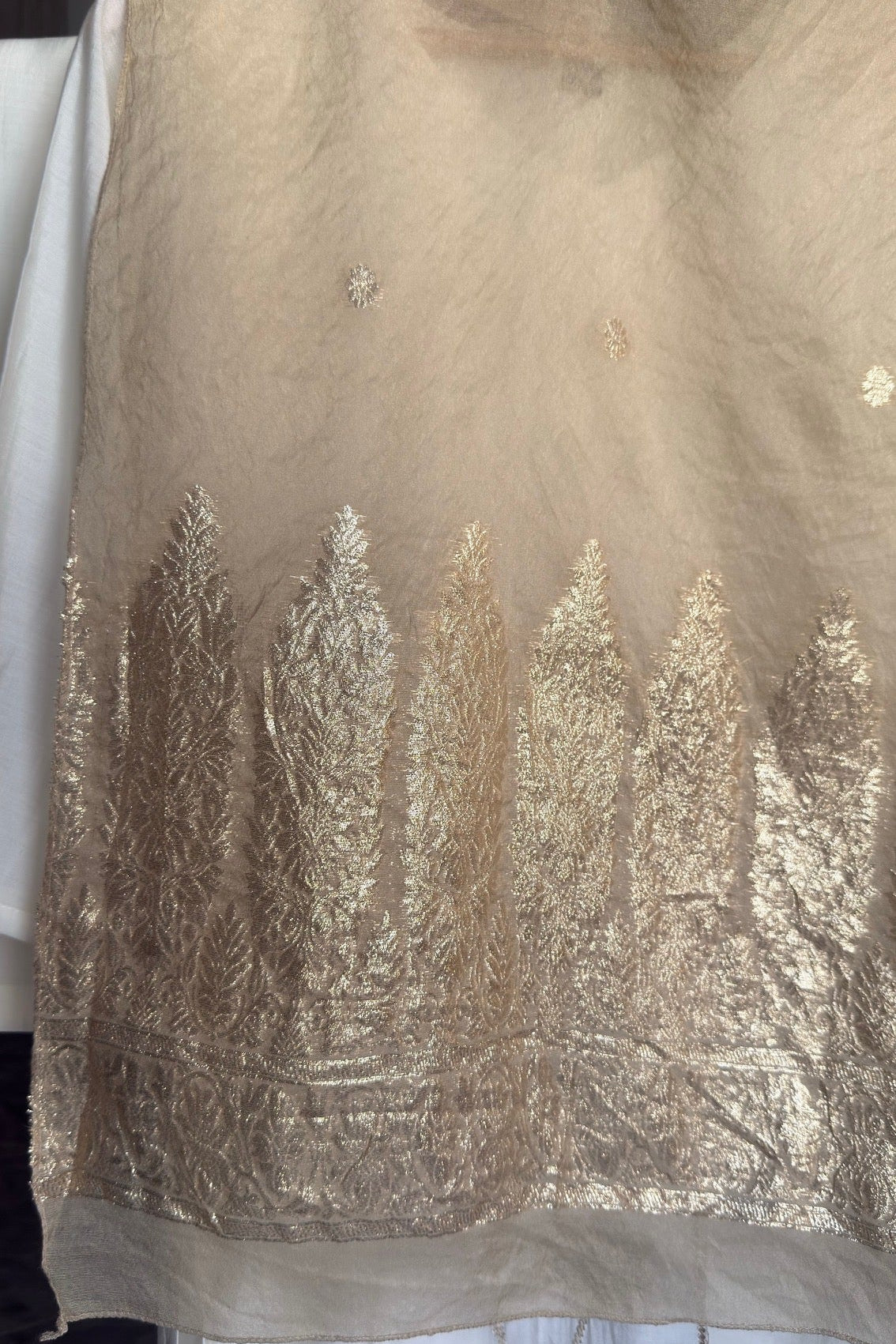 Off White Roman Silk Suit with Embroidery and Banarasi Dupatta