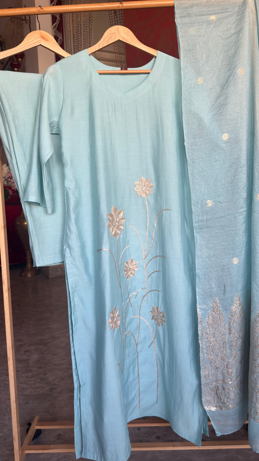 Light Blue Roman Silk Suit with Embroidery and Banarasi Dupatta