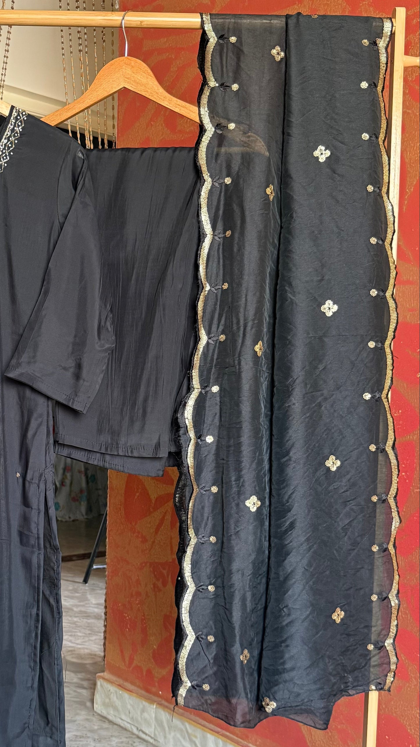 Black Roman Silk Suit with Handwork and Sequence Work Dupatta