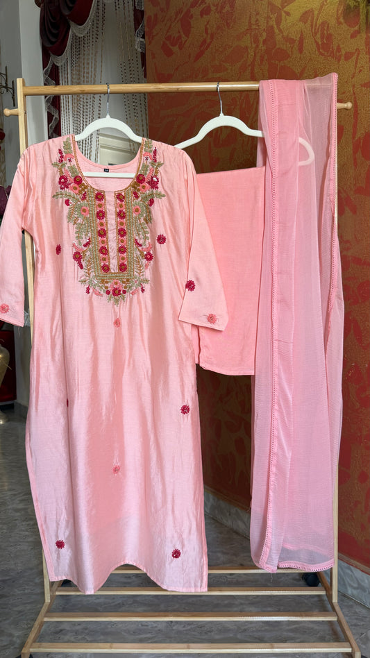 Pink Mul Chanderi Suit with Kantha Work