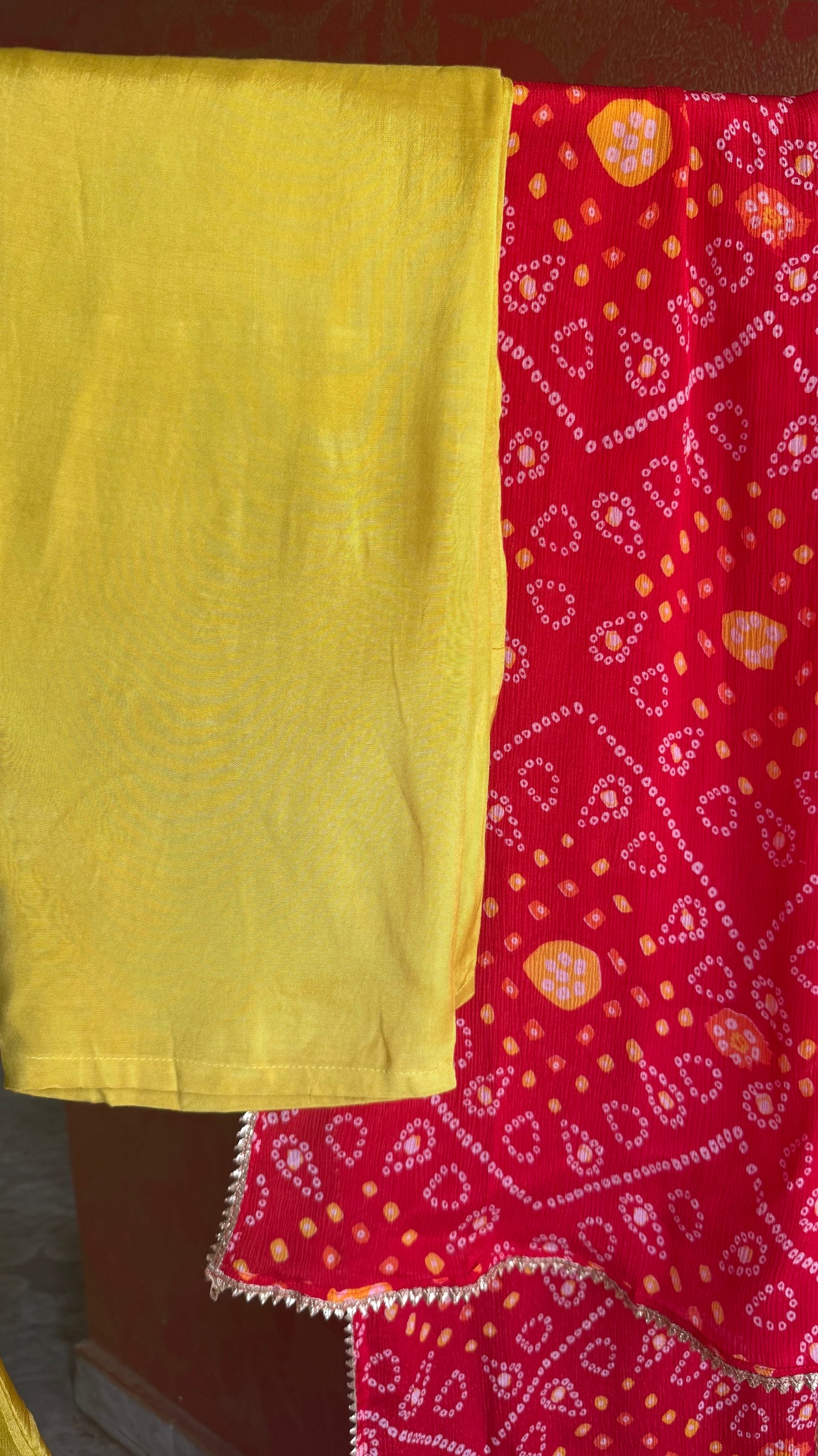 Yellow Handwork Kurta Suit with Red Bandhani Dupatta