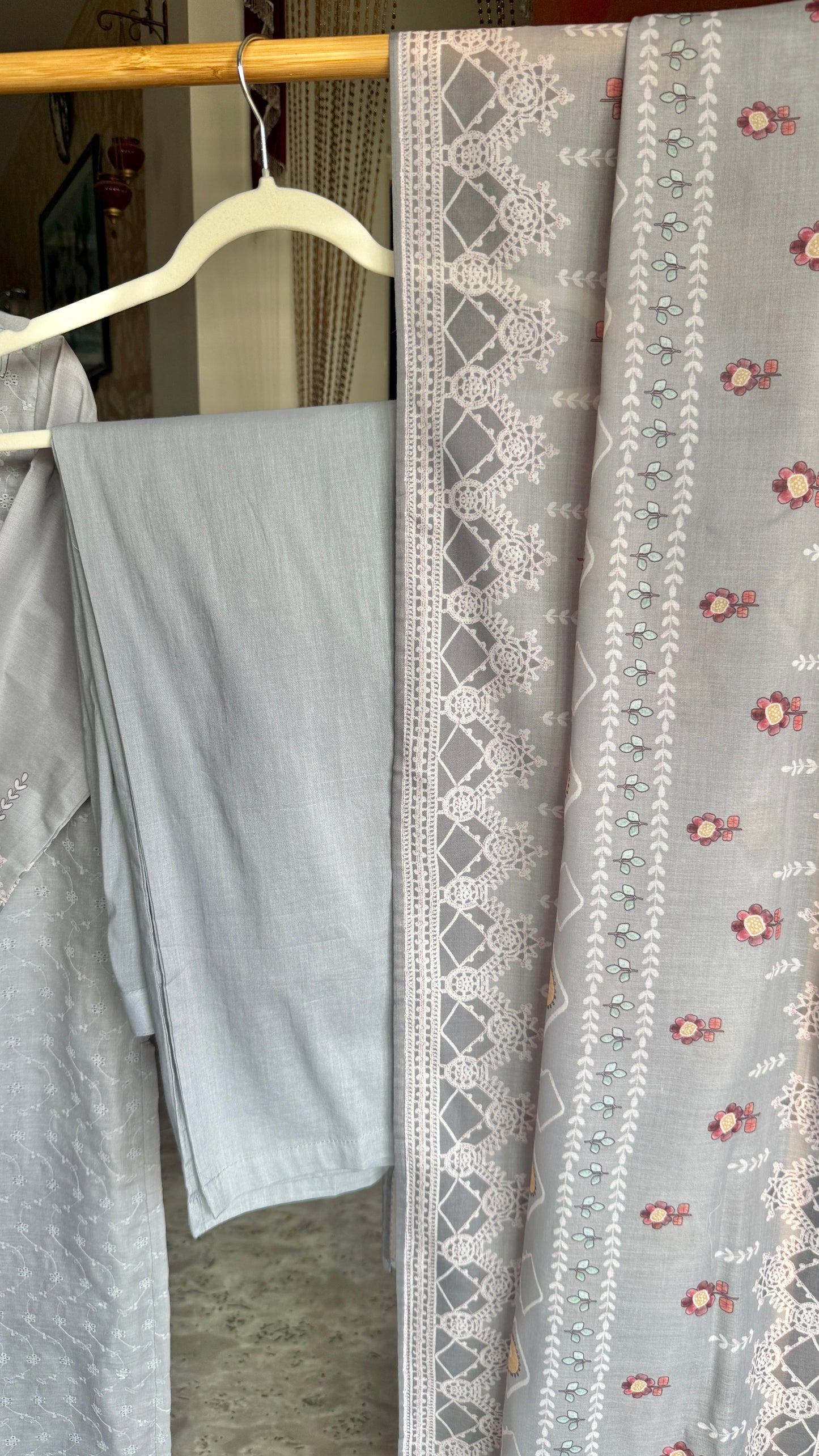 Gray Schiffli Printed Cotton Suit with Pant and Dupatta