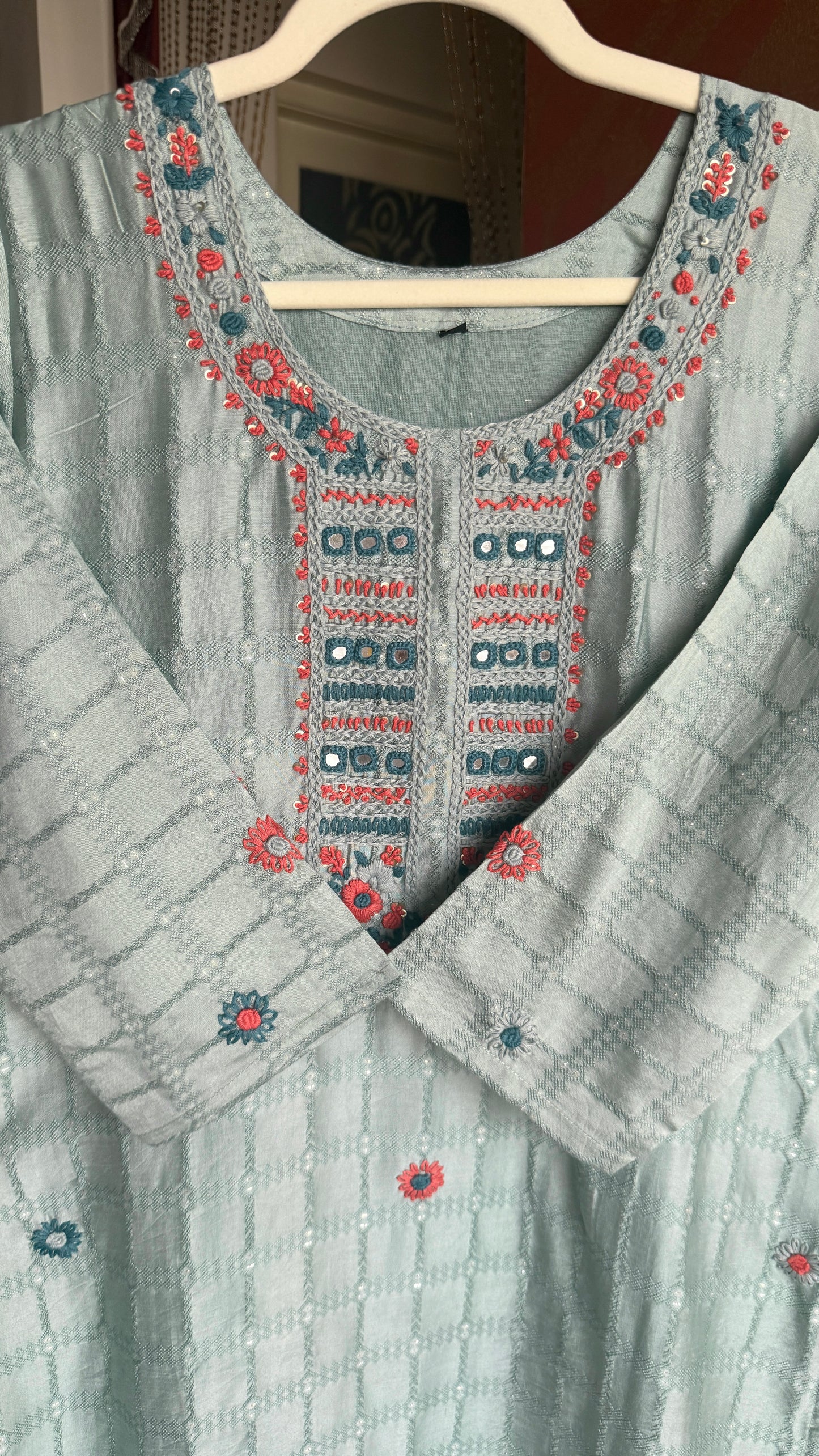 Sea Green Mul Chanderi Suit with Kantha Work