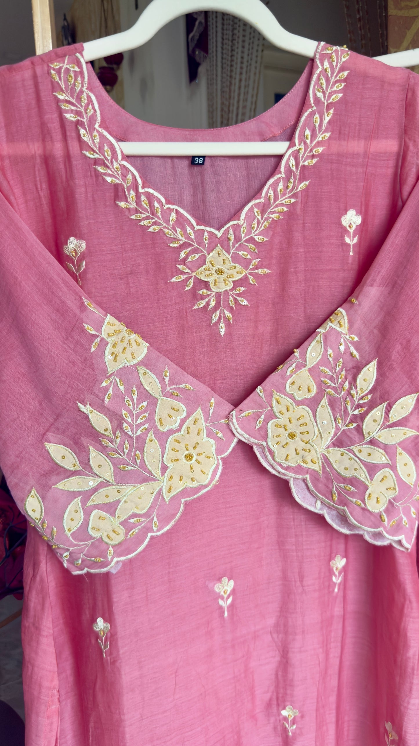 Light Pink Mul Cotton Kurta Set with Handwork and Embroidery