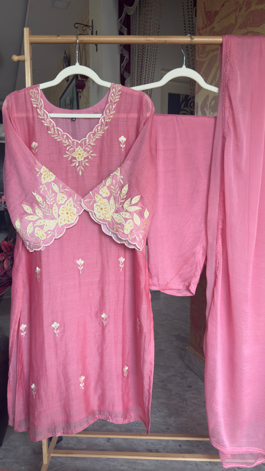 Light Pink Mul Cotton Kurta Set with Handwork and Embroidery