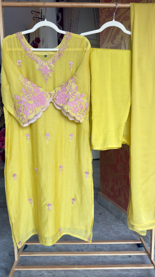 Light Yellow Mul Cotton Kurta Set with Handwork and Embroidery