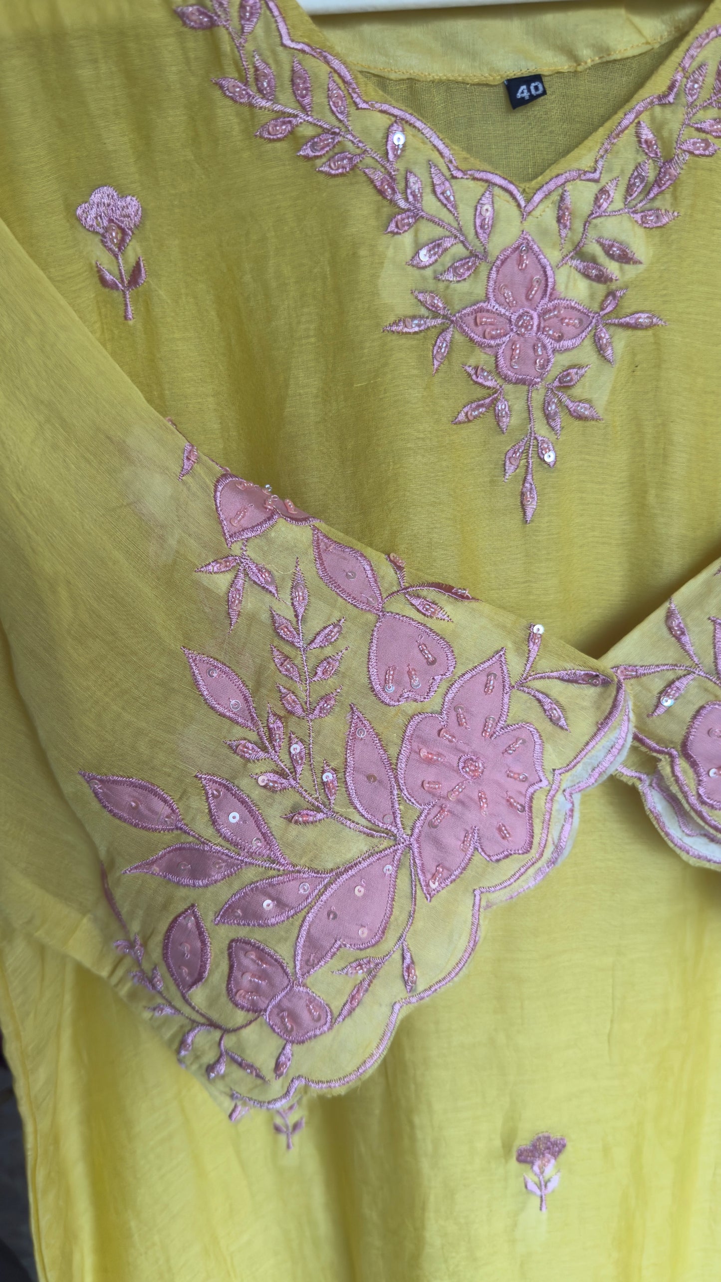 Light Yellow Mul Cotton Kurta Set with Handwork and Embroidery