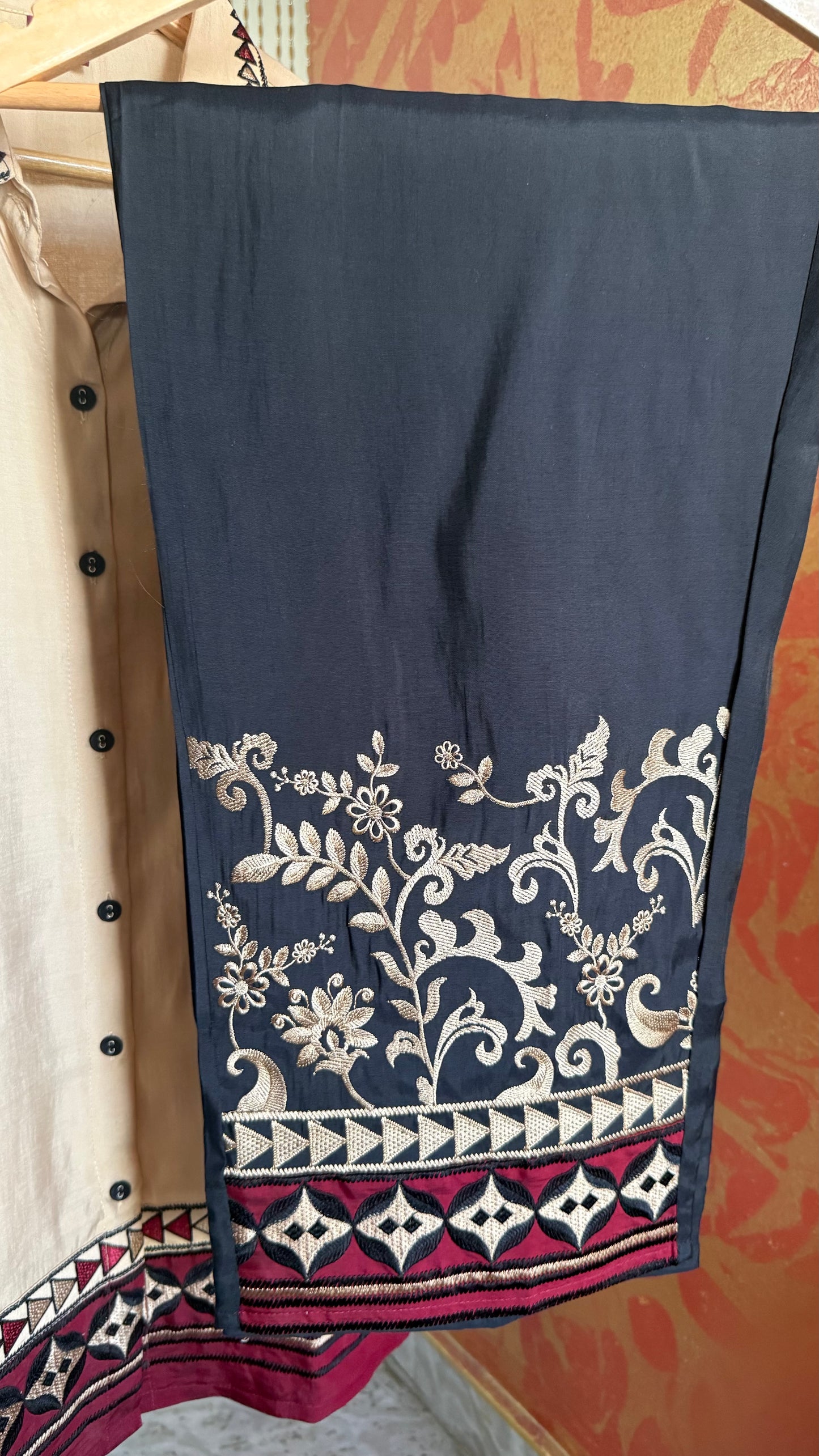 Cream and Maroon Muslin Embroidered Co-Ord Set