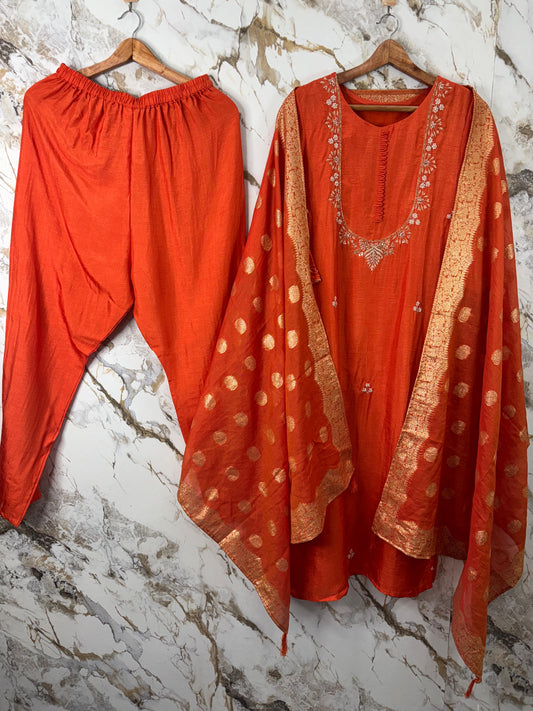 Orange Silk Blend Suit with Handwork and Pure Banaras Dupatta