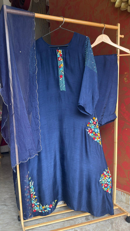 Navy Blue Heavy Kantha Work Kurta Suit Set