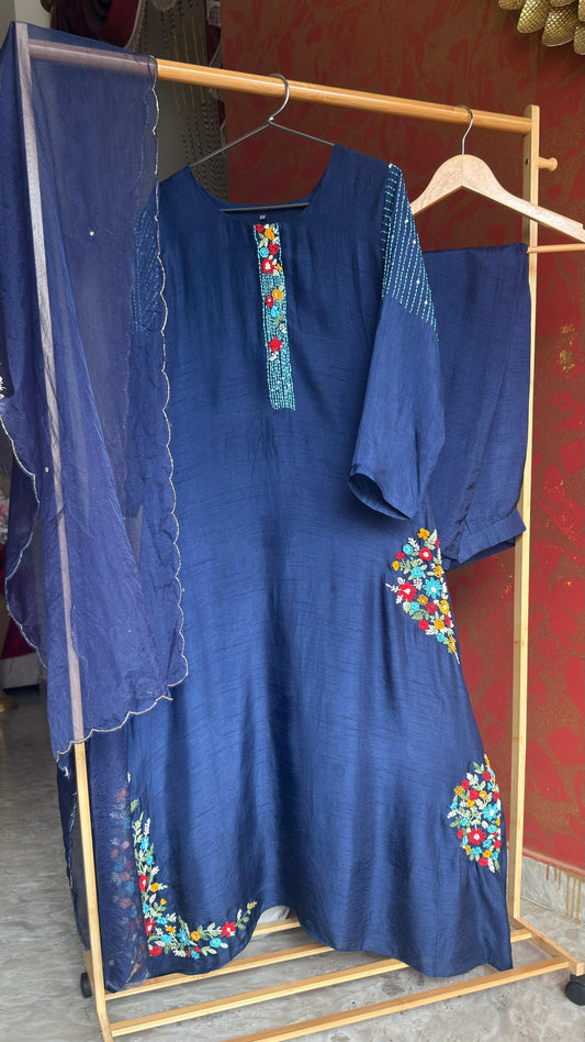 Navy Blue Heavy Kantha Work Kurta Suit Set