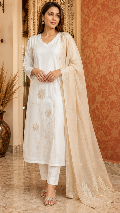 Off White Roman Silk Suit with Embroidery and Banarasi Dupatta