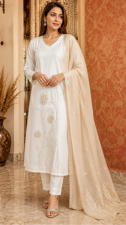 Off White Roman Silk Suit with Embroidery and Banarasi Dupatta