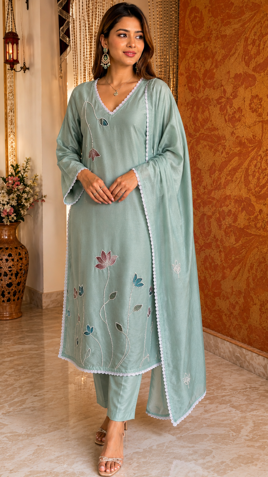Light Blue Muslin Knot Work and Hand Painted Suit with Organza Dupatta