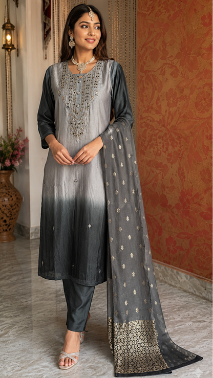 Black Gray Dola Silk Suit with Gota Patti Work and Banarasi Dupatta