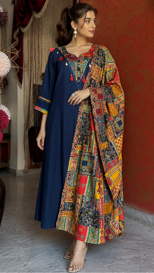 Dark Blue Muslin Patchwork with Ajrakh Print Dupatta