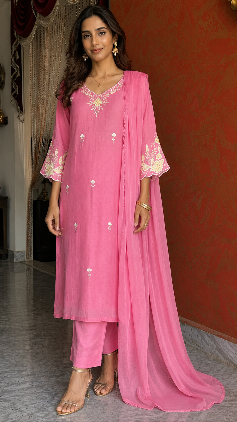 Light Pink Mul Cotton Kurta Set with Handwork and Embroidery
