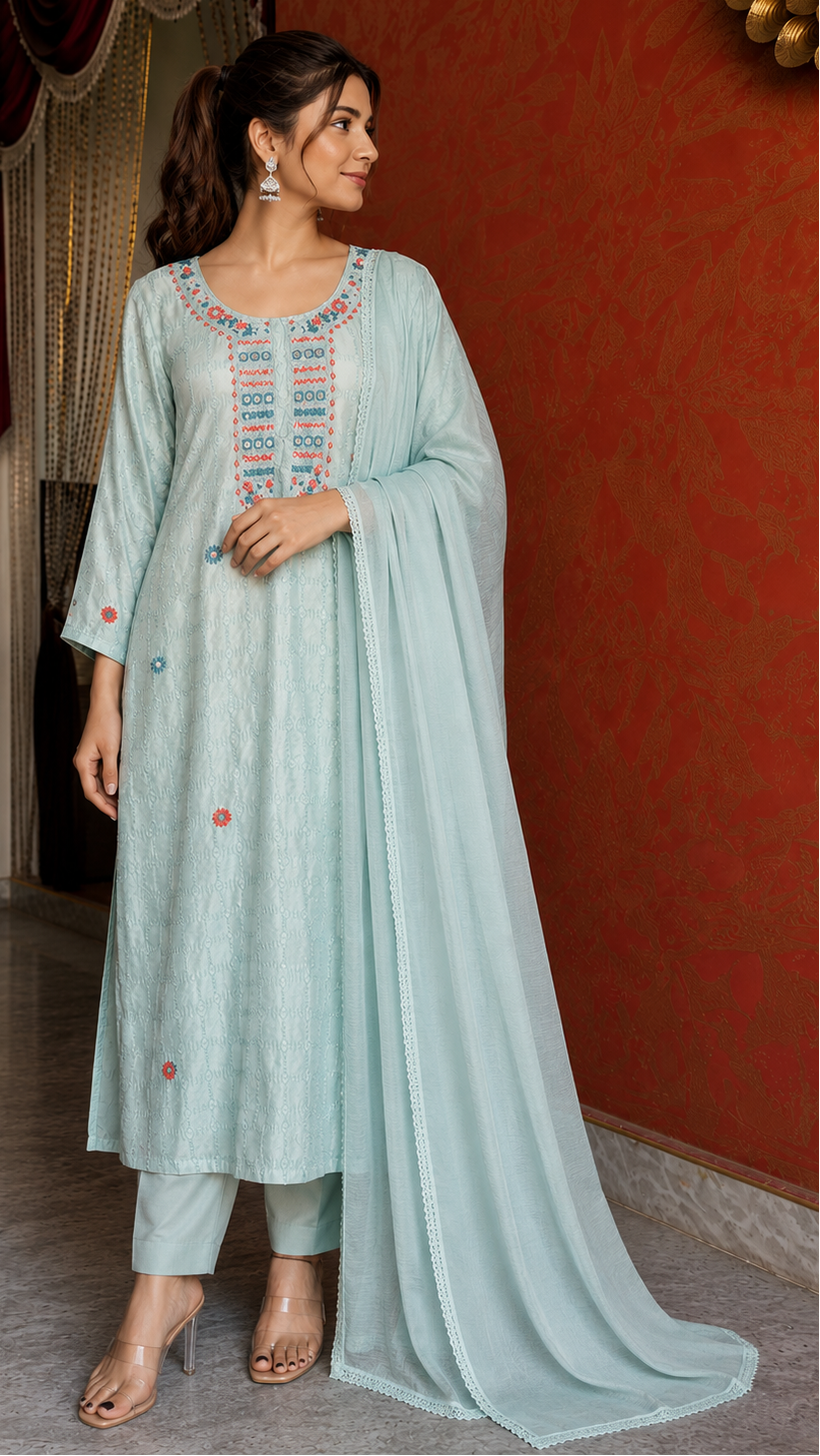 Sea Green Mul Chanderi Suit with Kantha Work