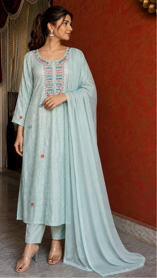 Sea Green Mul Chanderi Suit with Kantha Work