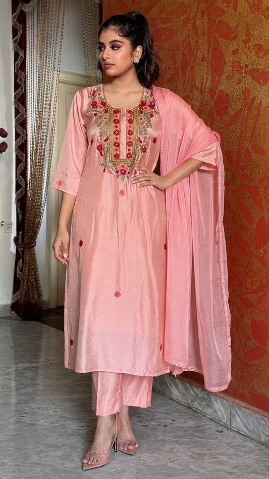 Pink Mul Chanderi Suit with Kantha Work