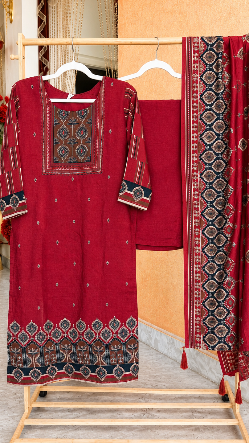 Maroon Muslin Digital Print Suit with Embroidery