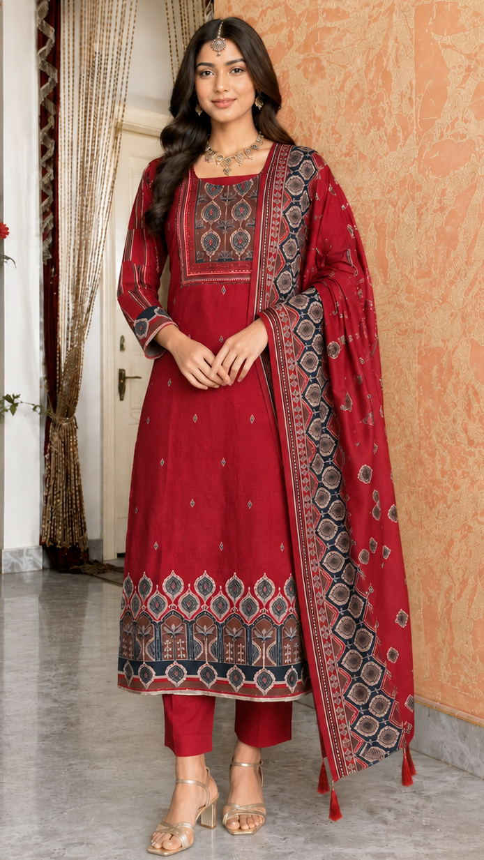 Maroon Muslin Digital Print Suit with Embroidery