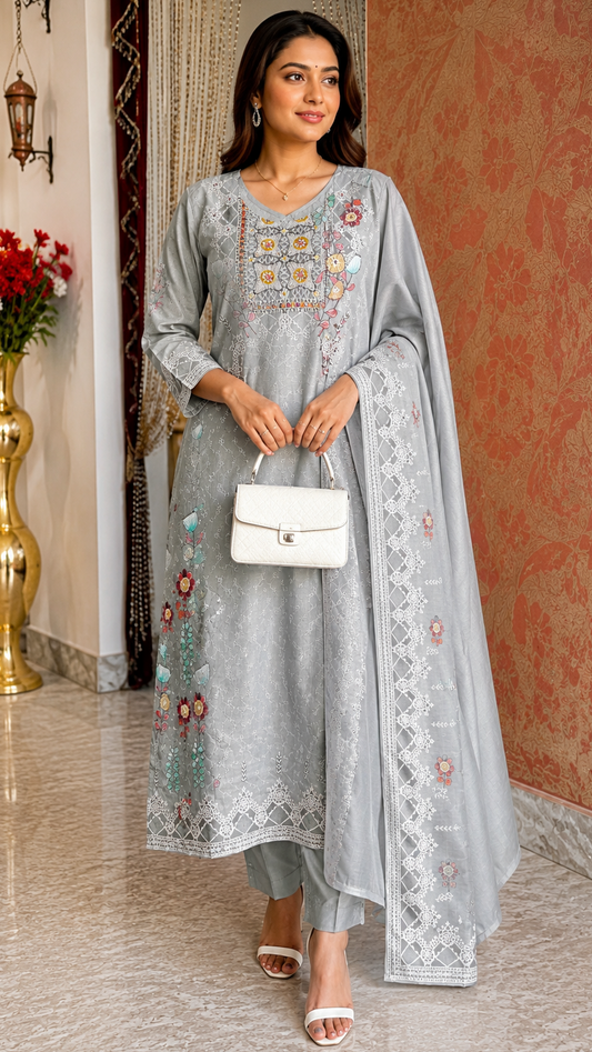 Gray Schiffli Printed Cotton Suit with Pant and Dupatta