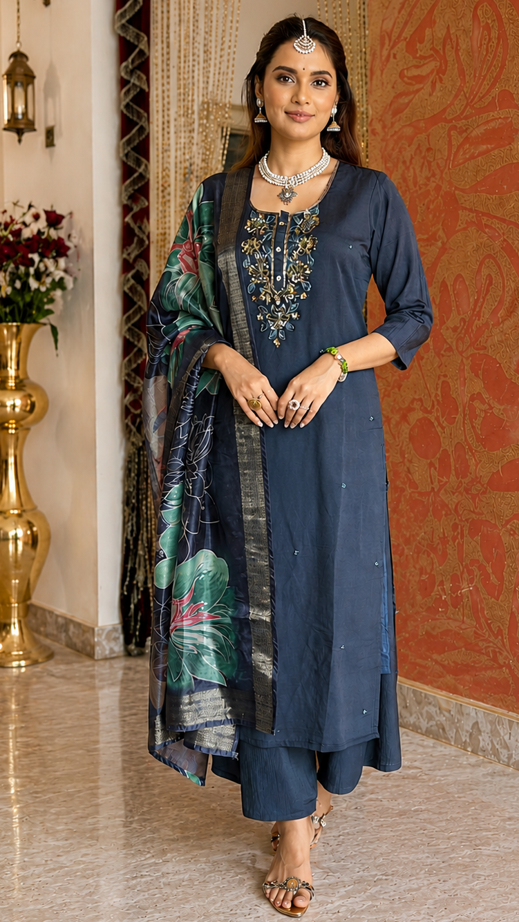 Dark Blue Roman Silk Suit with Handwork and Floral Print Dupatta