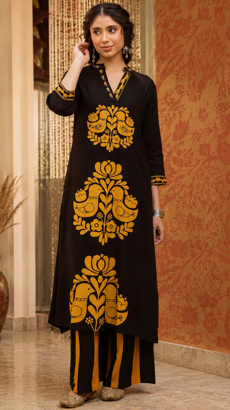 Printed and Handwork Long Kurta Set – Black and Yellow