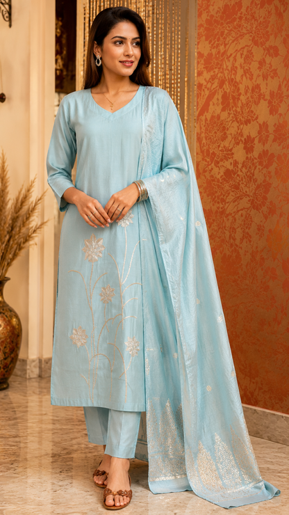 Light Blue Roman Silk Suit with Embroidery and Banarasi Dupatta