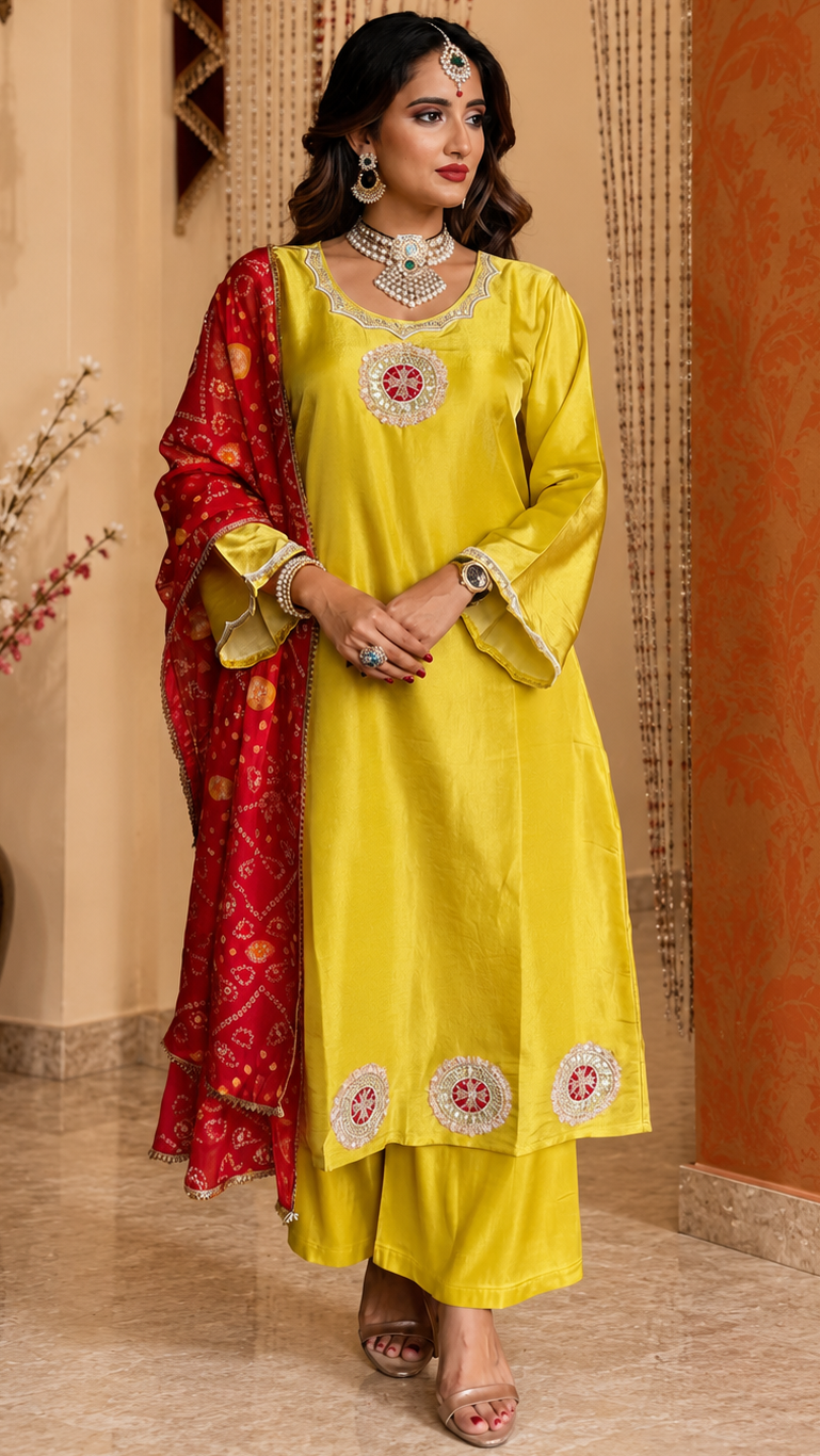 Yellow Handwork Kurta Suit with Red Bandhani Dupatta