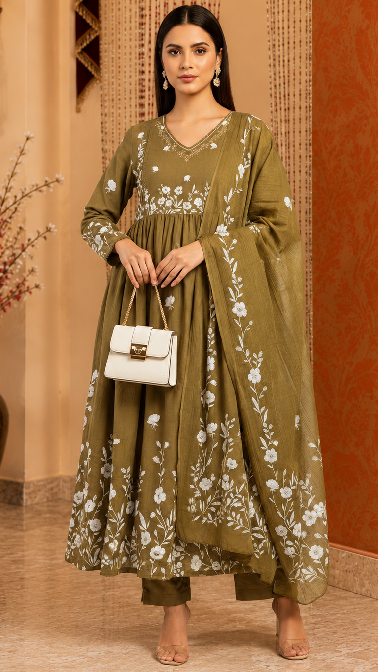 Floral Print Cotton Green Anarkali Kurta Set