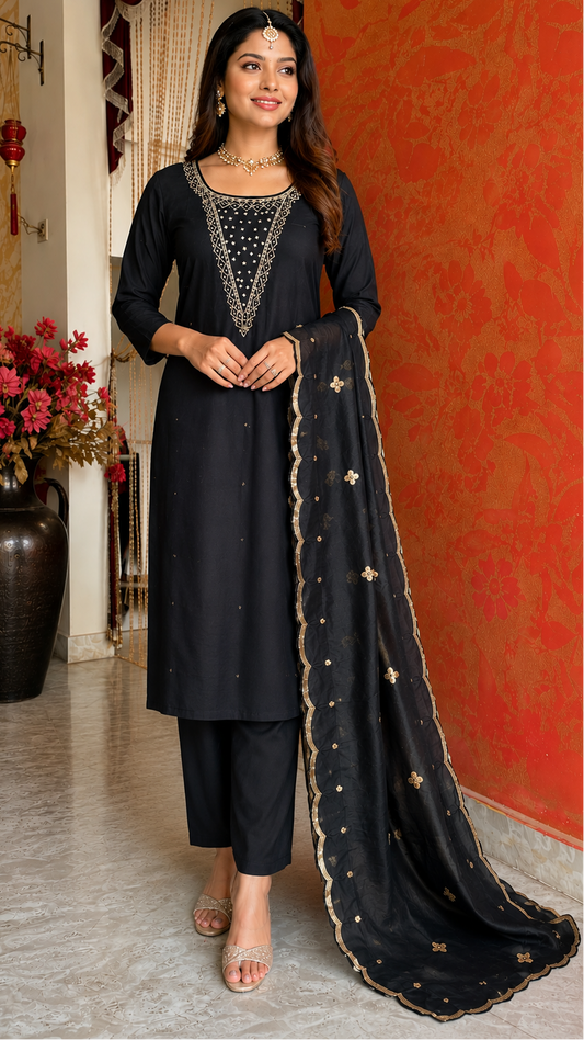 Black Roman Silk Suit with Handwork and Sequence Work Dupatta