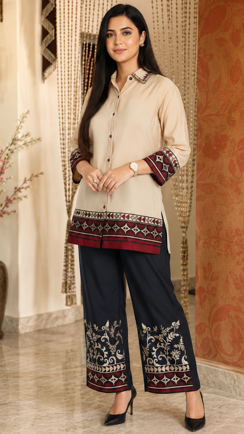 Cream and Maroon Muslin Embroidered Co-Ord Set