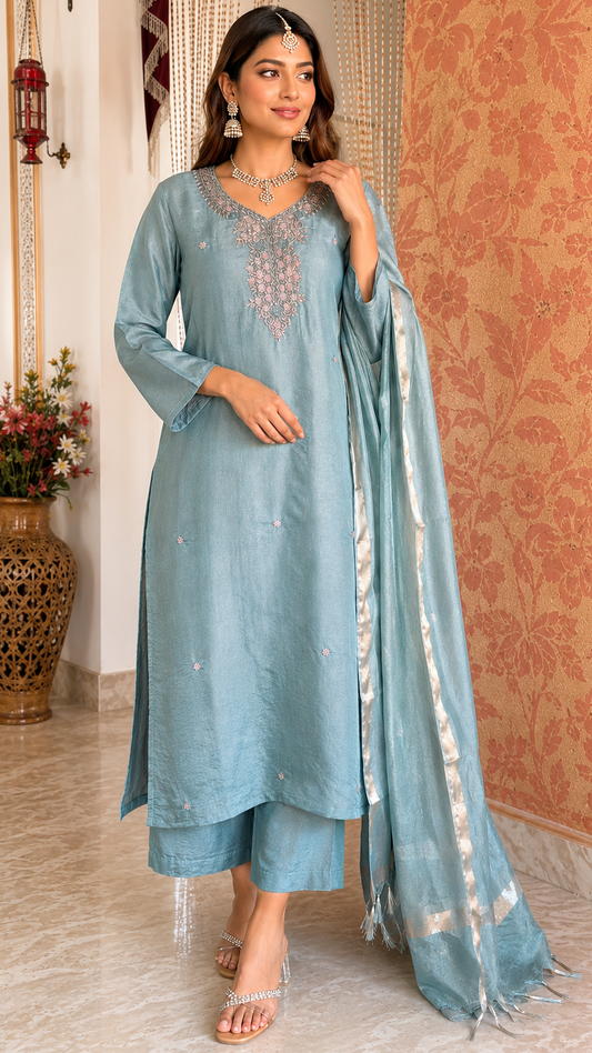 Pacific Blue Gold Tissue Silk Handwork Suit with Tissue Dupatta