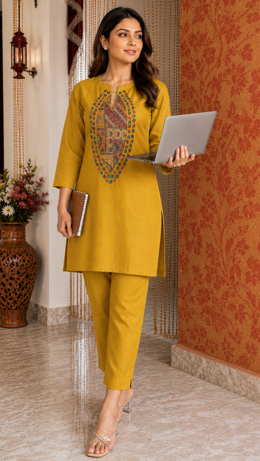 Patch Work and Hand Work Kurta Set (Yellow)