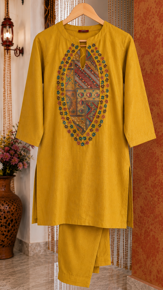 Patch Work and Hand Work Kurta Set (Yellow)