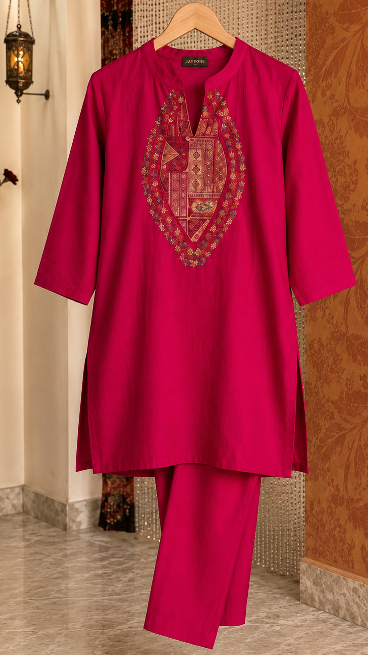 Patch Work and Hand Work Kurta Set (Pink)
