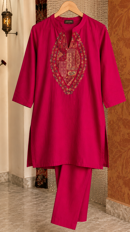 Patch Work and Hand Work Kurta Set (Pink)