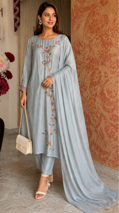 Grey Mul Chanderi Suit with Embroidery Work