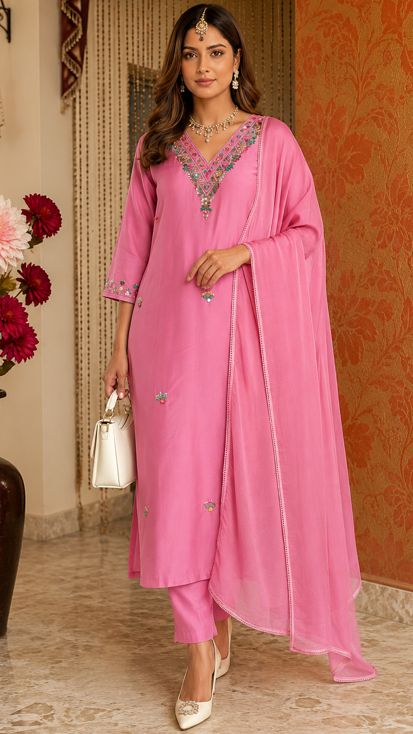 Pink Mul Chanderi V Neck Suit with Kantha Work