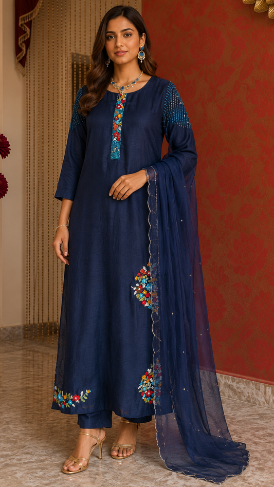Navy Blue Heavy Kantha Work Kurta Suit Set