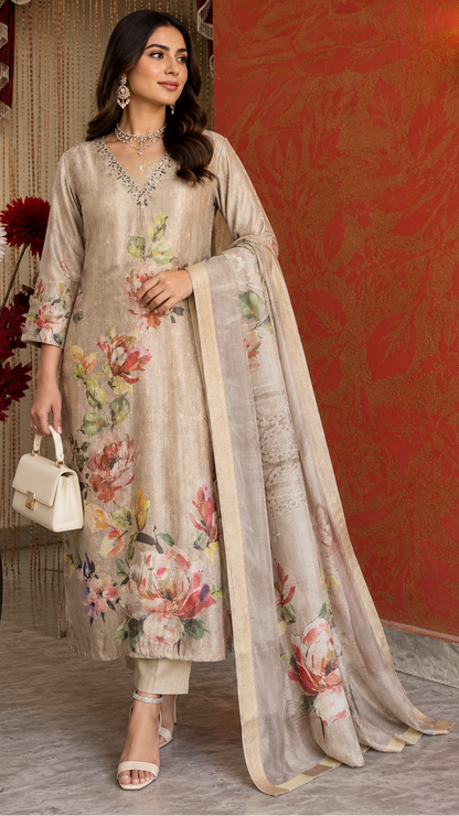 Greenish Gold Tissue Silk Digital Print Suit with Handwork