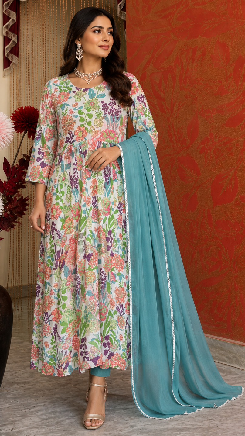 Floral Print Kurta Set with Beautiful Hand Work