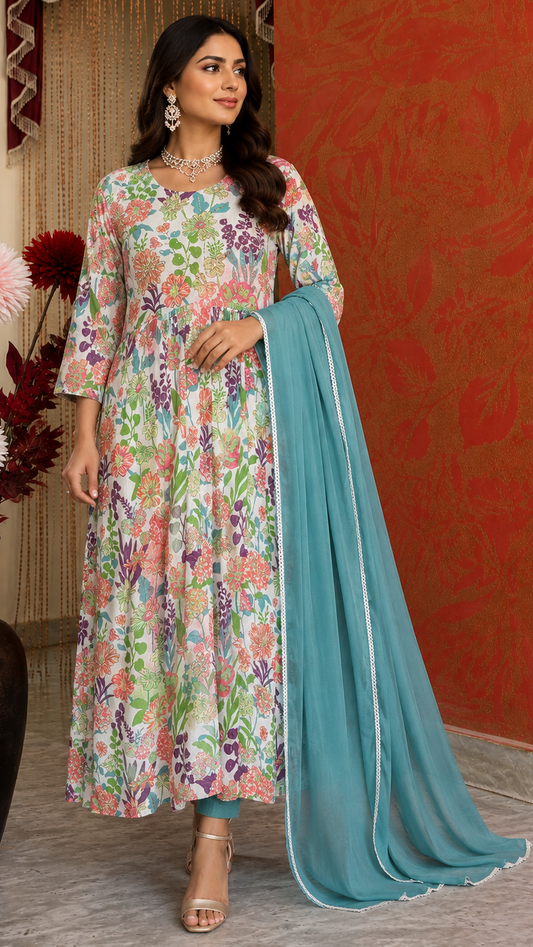 Floral Print Kurta Set with Beautiful Hand Work