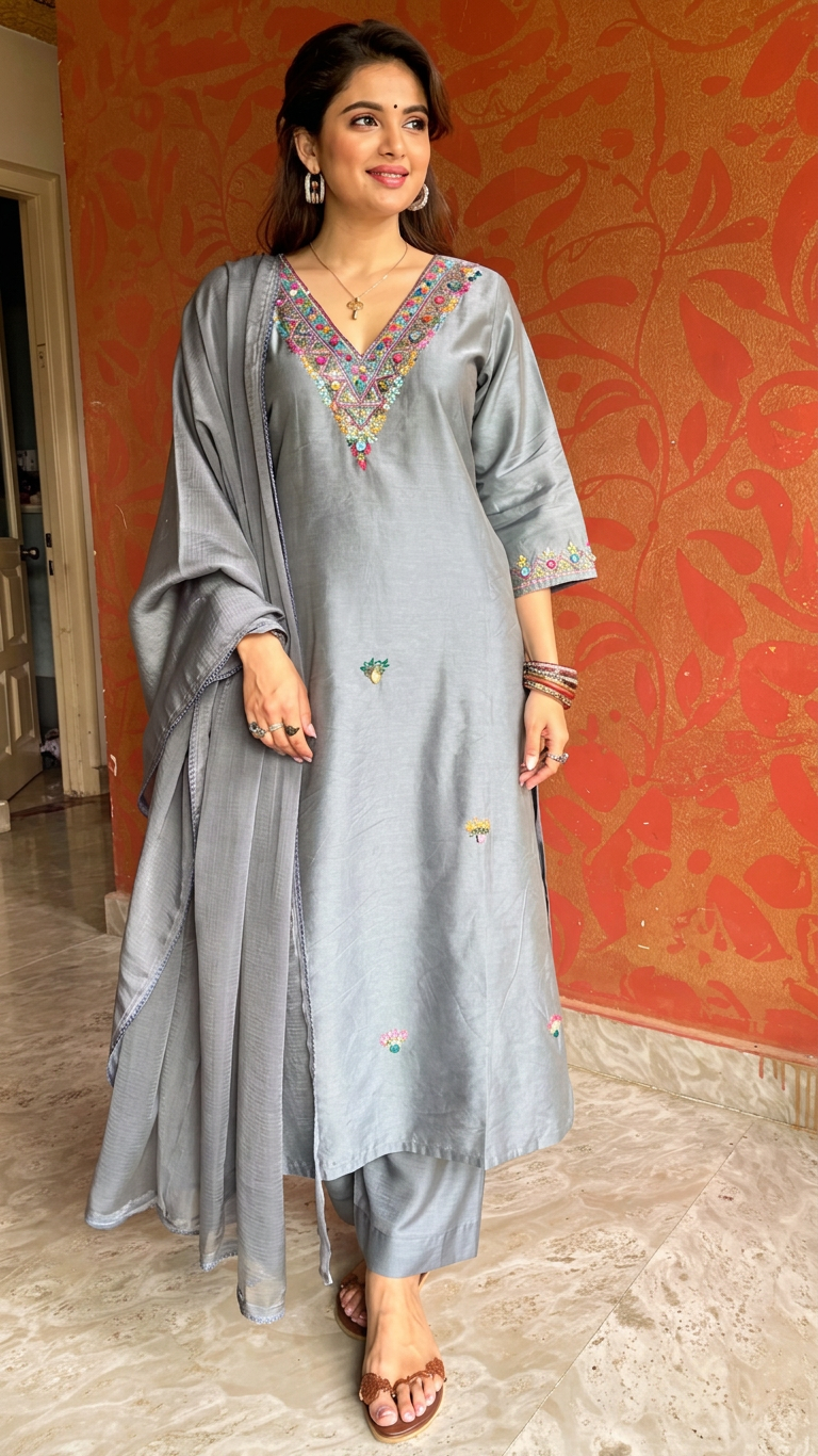 Grey Mul Chanderi Suit with Kantha Work