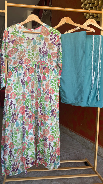 Floral Print Kurta Set with Beautiful Hand Work