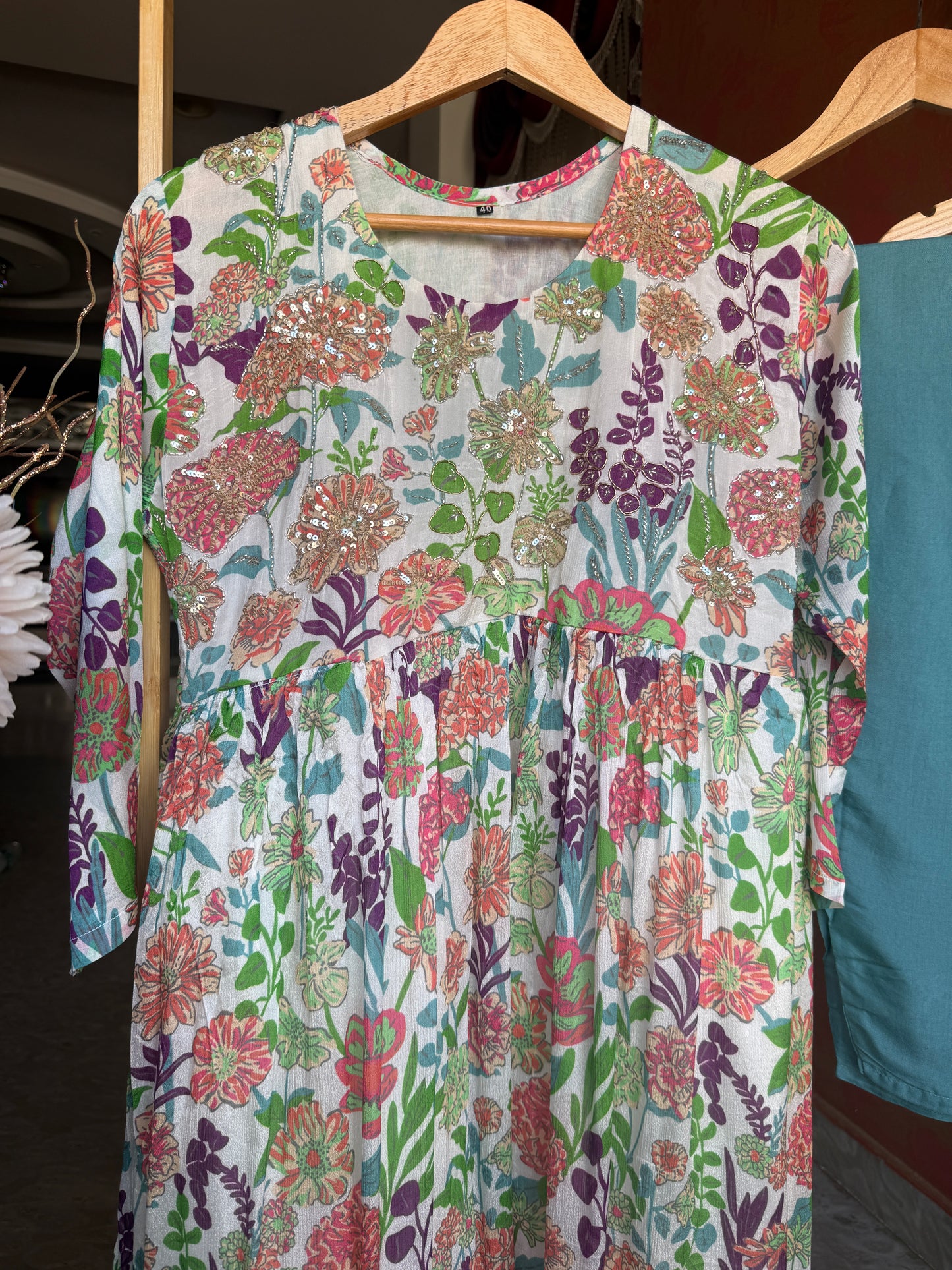 Floral Print Kurta Set with Beautiful Hand Work